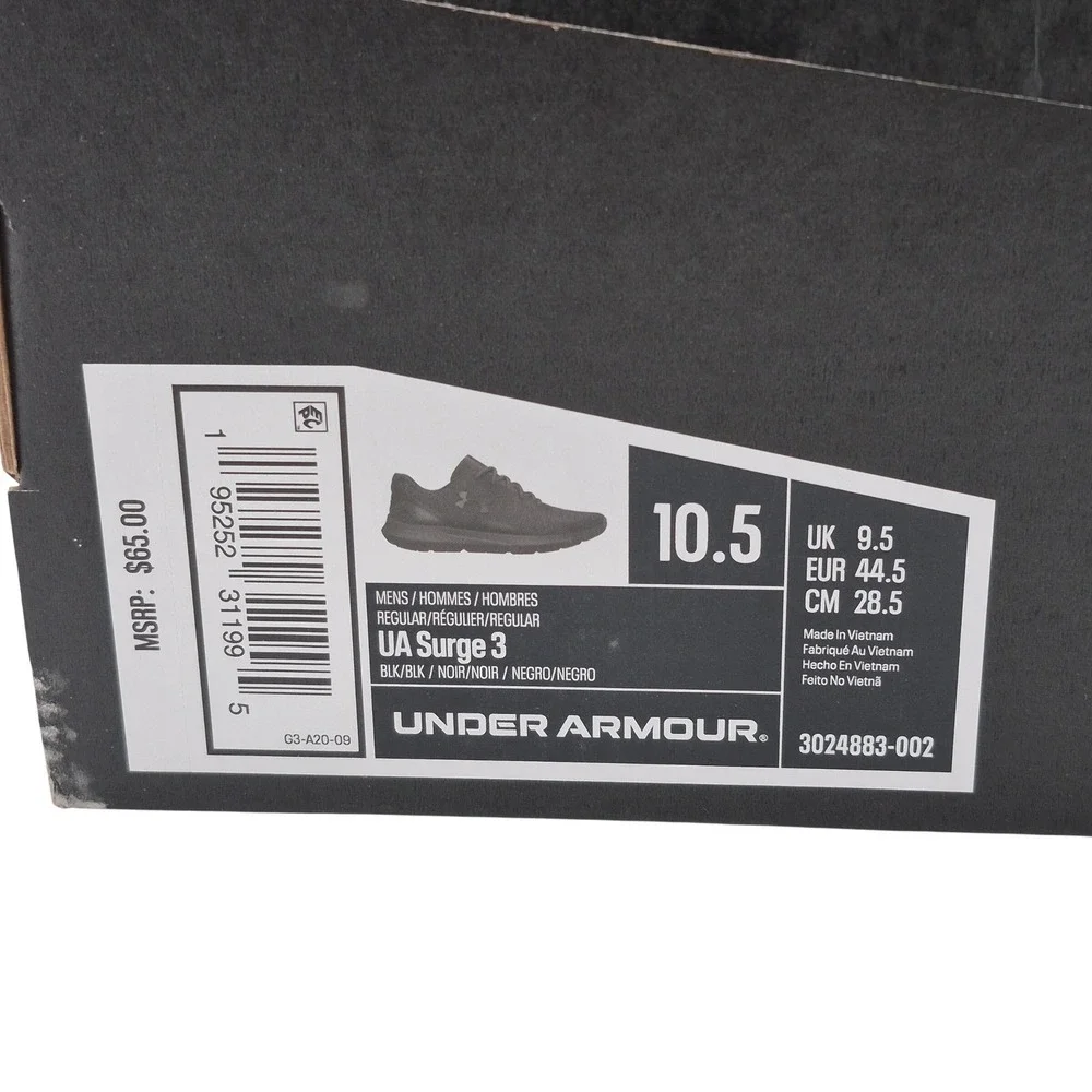 Under Armour UA Surge 3 All Black Men's Size 10.5 Running Shoes Cross Training